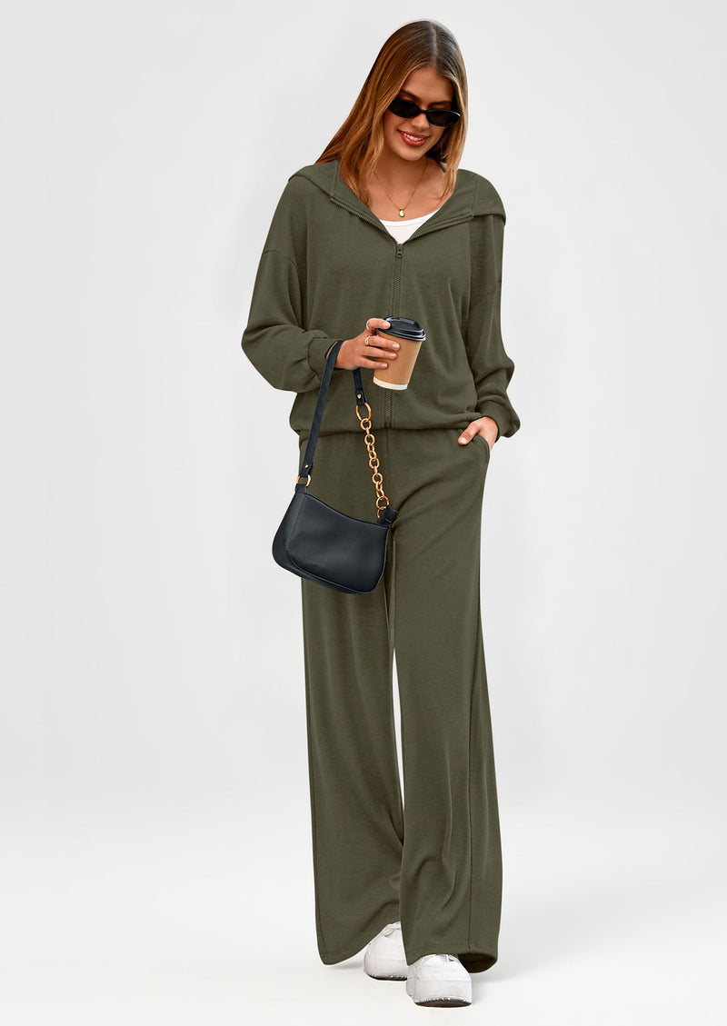 PRETTYGARDEN Women's 2 Piece Fall Lounge Sets Zip Up Hoodie Wide Leg Pants Tracksuit Matching Travel Outfits Clothes