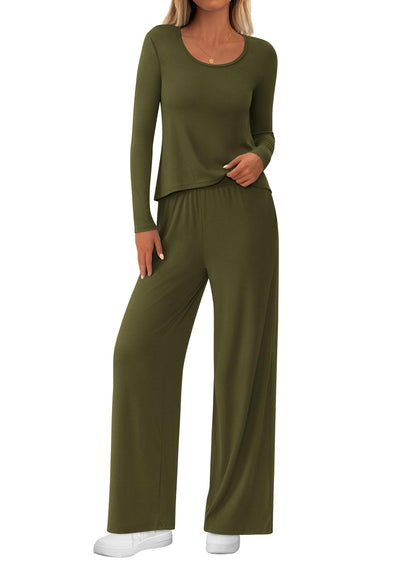 PRETTYGARDEN Women's 2 Piece Fall Sets  Casual Long Sleeve Shirts Wide Leg Pants Lounge Travel Outfits Fashion Clothing