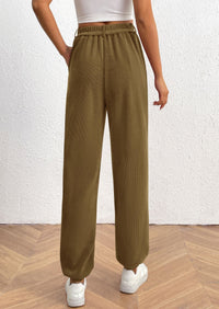 Elastic High Waisted Work Office Corduroy Casual Pants with Pockets