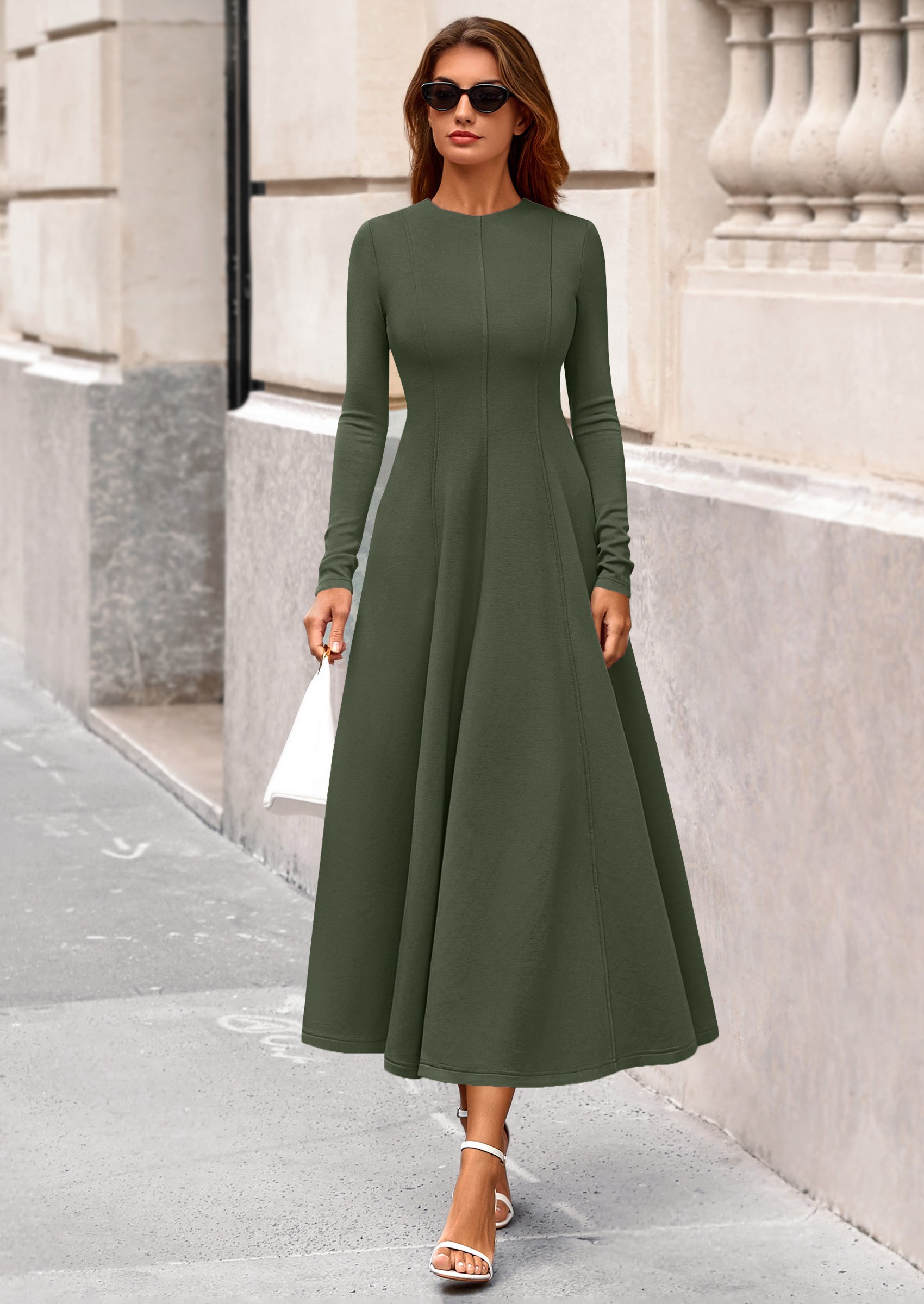 PRETTYGARDEN Women's Fall Long Sleeve Midi Dress Casual Elegant Ruffle Flowy A Line Swing Cocktail Party Dresses