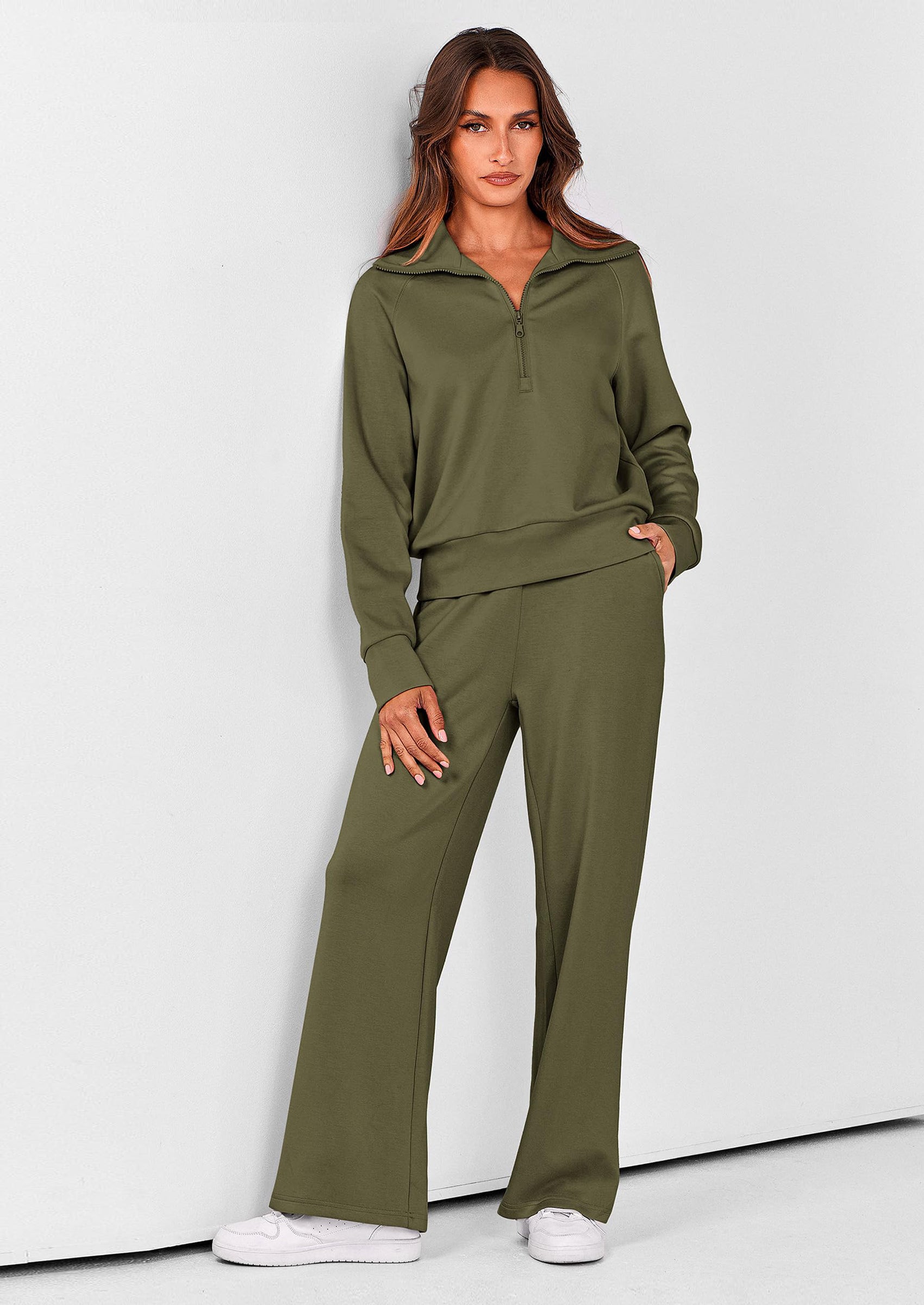 PRETTYGARDEN Women's 2 Piece Outfits Casual Lapel Half Zip Sweatshirts And Wide Leg Pants Tracksuit Sets