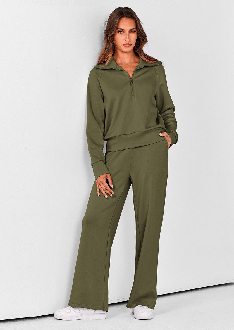 PRETTYGARDEN Women's 2 Piece Outfits Casual Lapel Half Zip Sweatshirts And Wide Leg Pants Tracksuit Sets