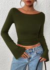 PRETTYGARDEN Women's Long Sleeve Shirts Fall Going Out Tops Casual Boat Neck Bell Sleeve Ribbed Ruched Y2K Clothes