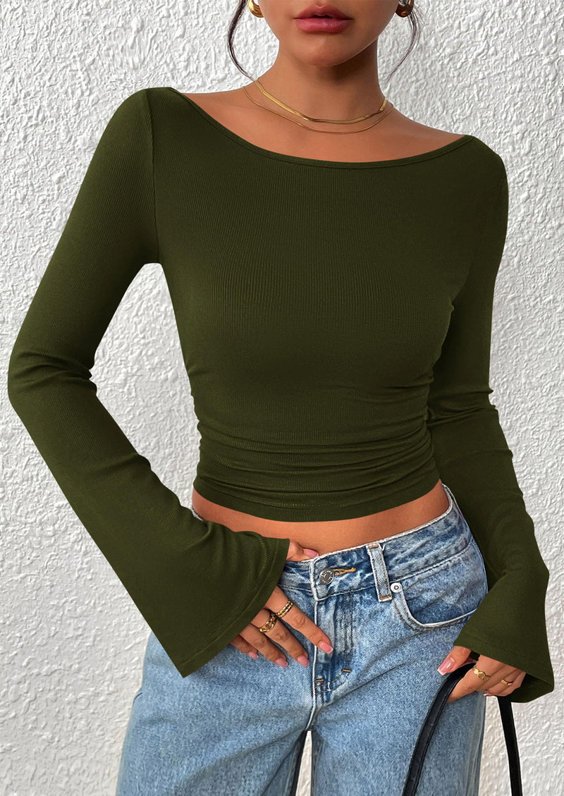 PRETTYGARDEN Women's Long Sleeve Shirts Fall Going Out Tops Casual Boat Neck Bell Sleeve Ribbed Ruched Y2K Clothes