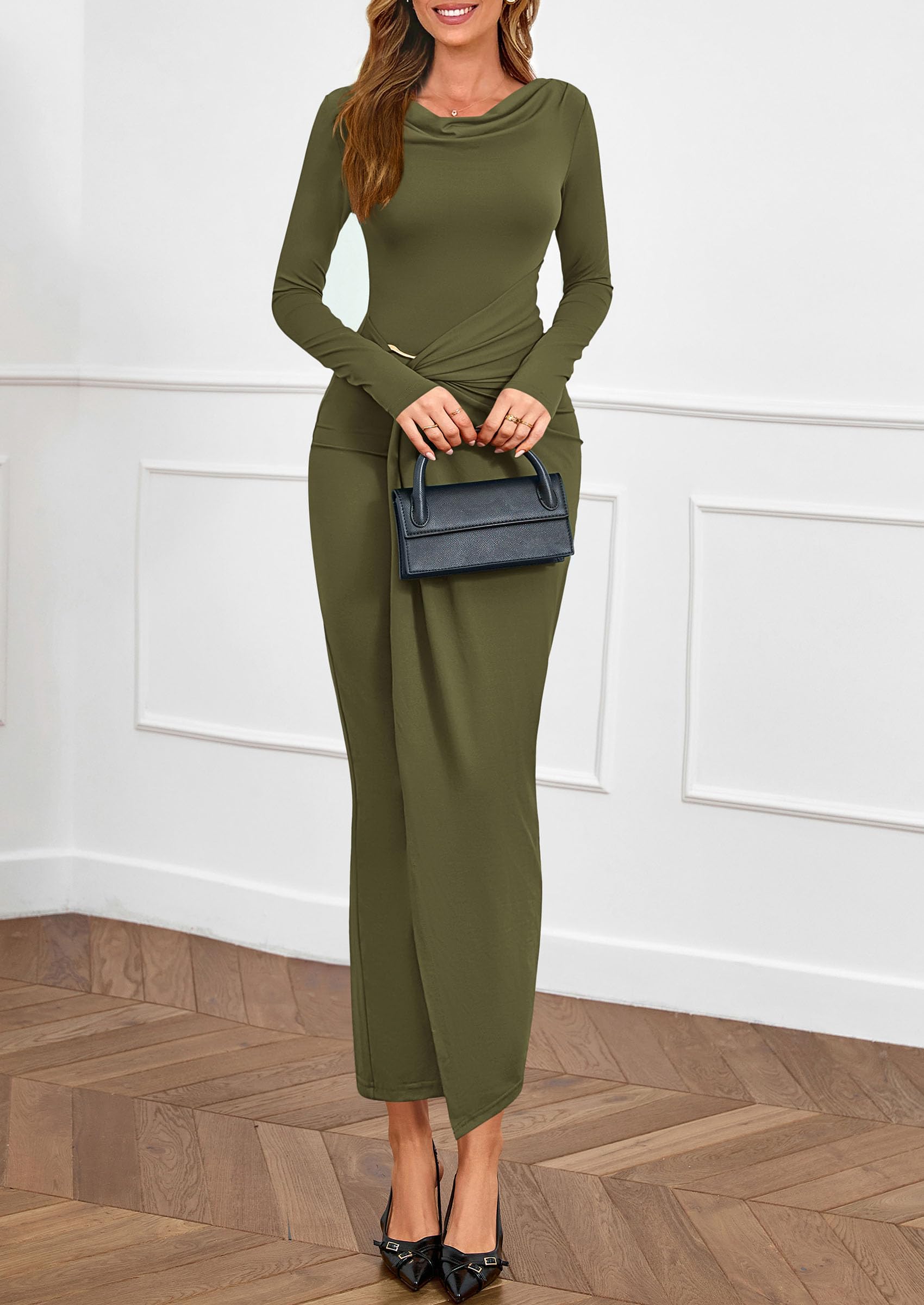 PRETTYGARDEN Women's Fall Wedding Guest Cocktail Midi Dresses Elegant Long Sleeve Bodycon Ruched Dress Fashion Clothing PRETTYGARDEN