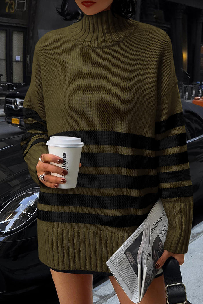 Striped Turtleneck Long Sleeve Loose Fit Chunky Knit Casual Mini Sweater Dresses