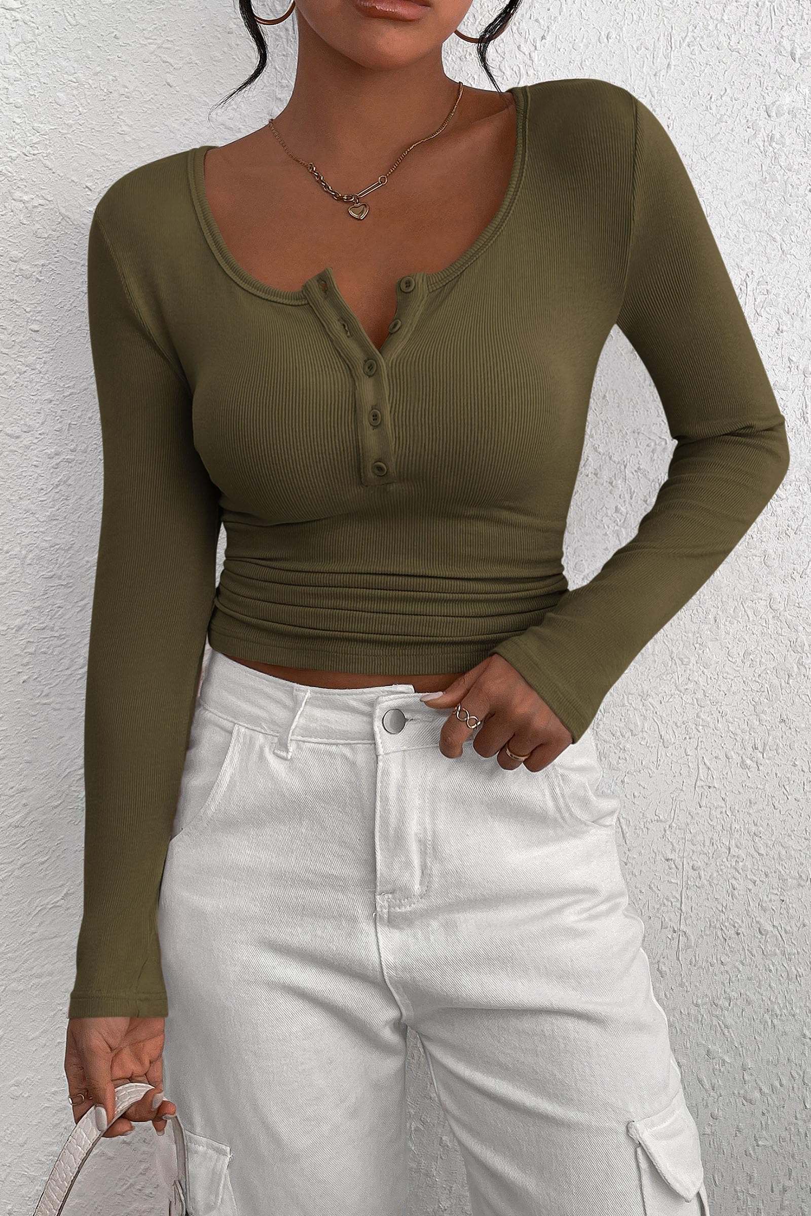 PRETTYGARDEN Women's Spring Fall Long Sleeve Henley T Shirts Button Ribbed Knit Slim Fit Casual Basic Tops Blouse