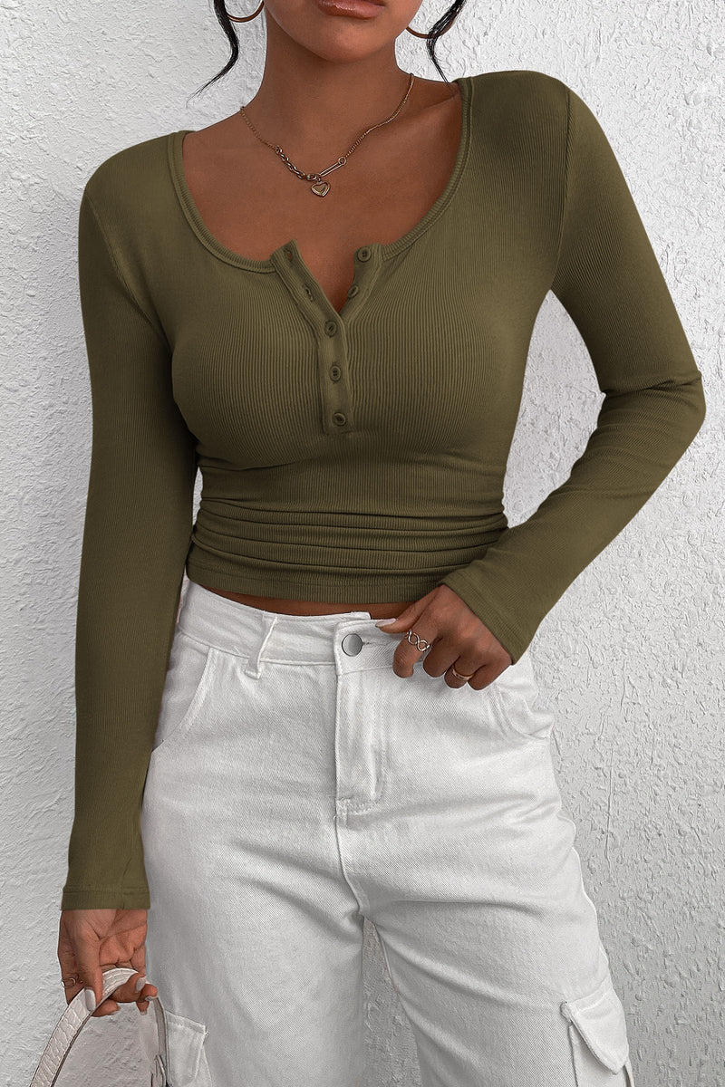 PRETTYGARDEN Women's Spring Fall Long Sleeve Henley T Shirts Button Ribbed Knit Slim Fit Casual Basic Tops Blouse