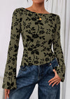 PRETTYGARDEN Women Long Sleeve Floral Mesh Tops Blouse  Fall Trendy Boat Neck Ruched Fitted Shirt Going Out Date Outfits