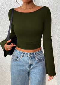 PRETTYGARDEN Women's Long Sleeve Shirts Fall Going Out Tops Casual Boat Neck Bell Sleeve Ribbed Ruched Y2K Clothes