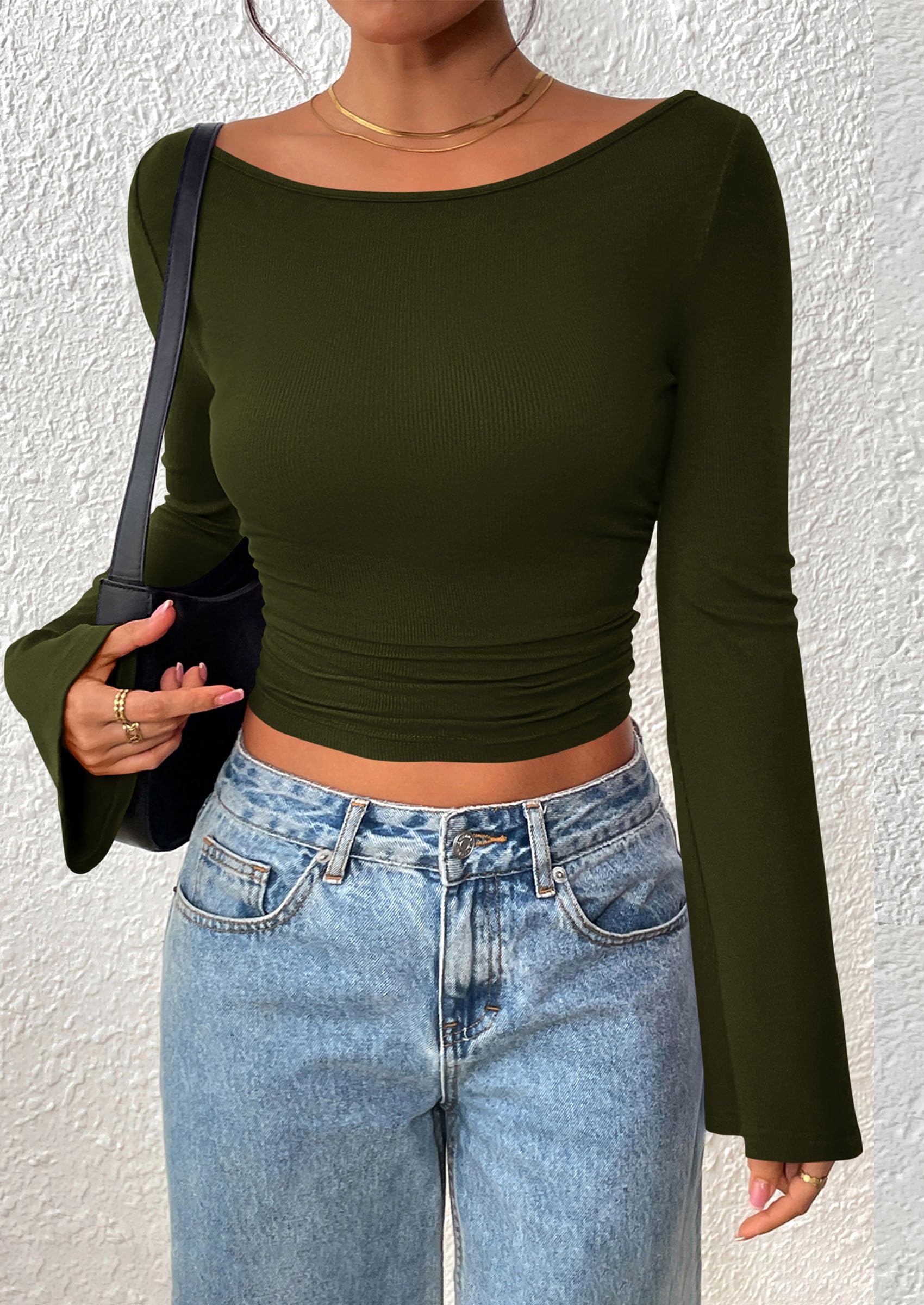 PRETTYGARDEN Women's Long Sleeve Shirts Fall Going Out Tops Casual Boat Neck Bell Sleeve Ribbed Ruched Y2K Clothes