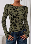 PRETTYGARDEN Women Long Sleeve Floral Mesh Tops Blouse  Fall Trendy Boat Neck Ruched Fitted Shirt Going Out Date Outfits