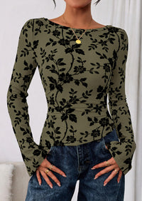 PRETTYGARDEN Women Long Sleeve Floral Mesh Tops Blouse  Fall Trendy Boat Neck Ruched Fitted Shirt Going Out Date Outfits