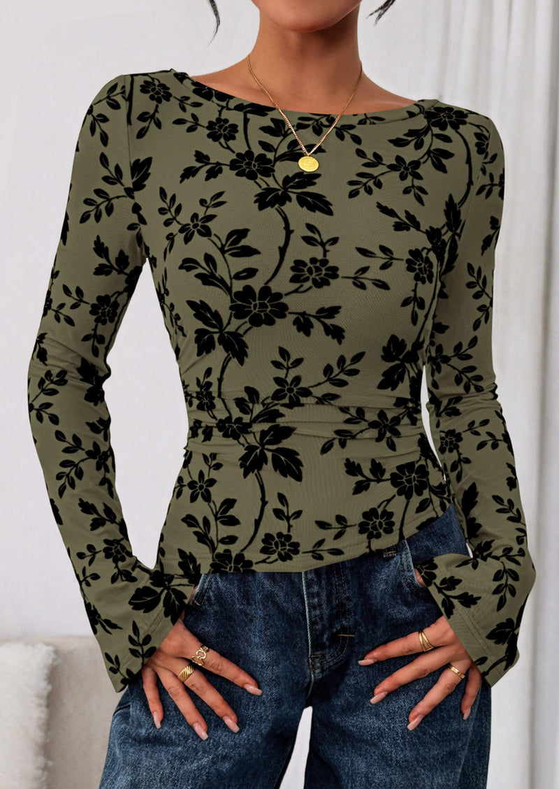 PRETTYGARDEN Women Long Sleeve Floral Mesh Tops Blouse  Fall Trendy Boat Neck Ruched Fitted Shirt Going Out Date Outfits