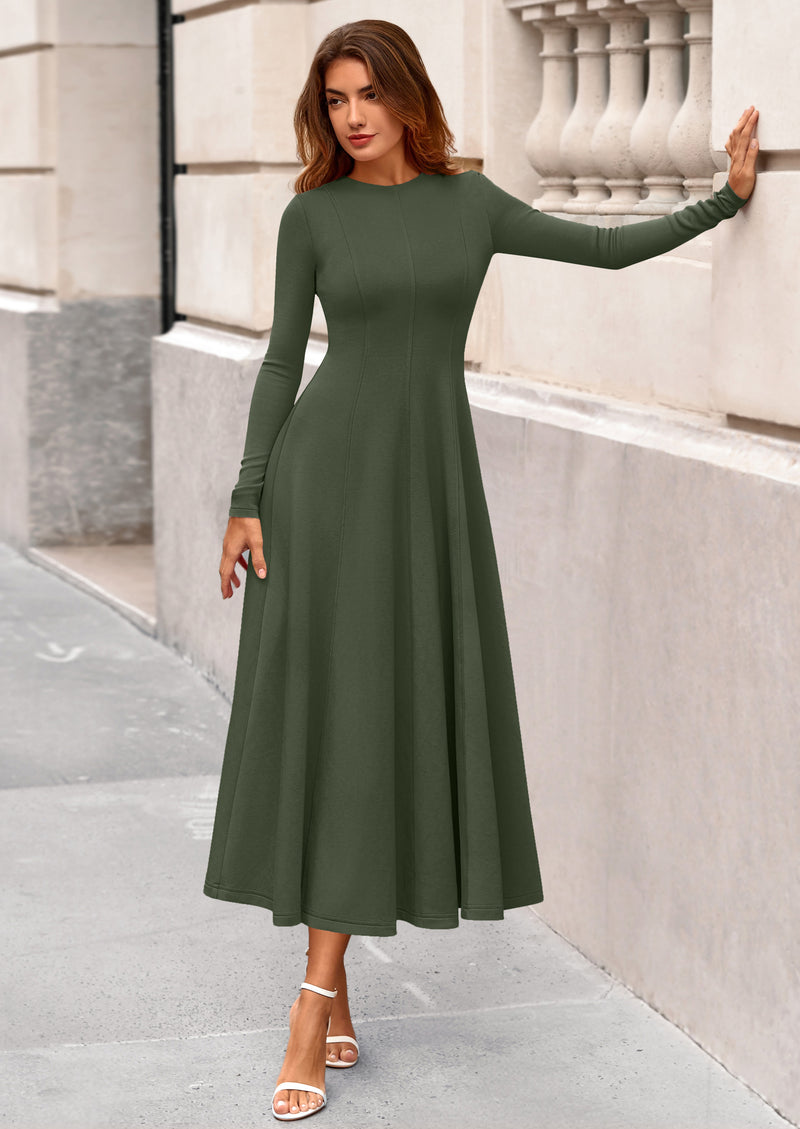 PRETTYGARDEN Women's Fall Long Sleeve Midi Dress Casual Elegant Ruffle Flowy A Line Swing Cocktail Party Dresses