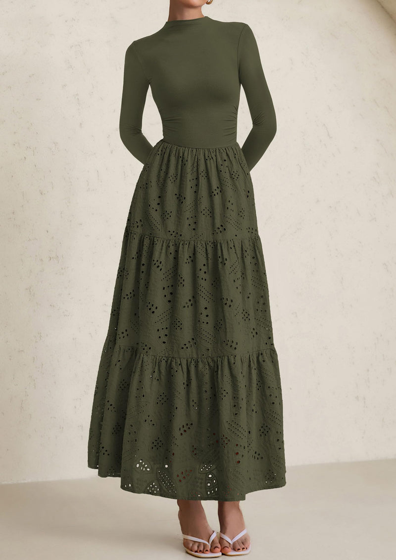 PRETTYGARDEN Long Sleeve Dress for Women Fall Eyelet Mock Neck A Line Elegant Classy Maxi Wedding Guest Dresses Pockets