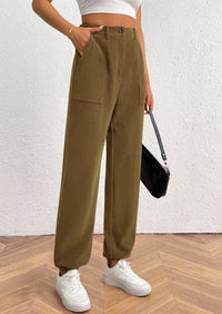 Elastic High Waisted Work Office Corduroy Casual Pants with Pockets