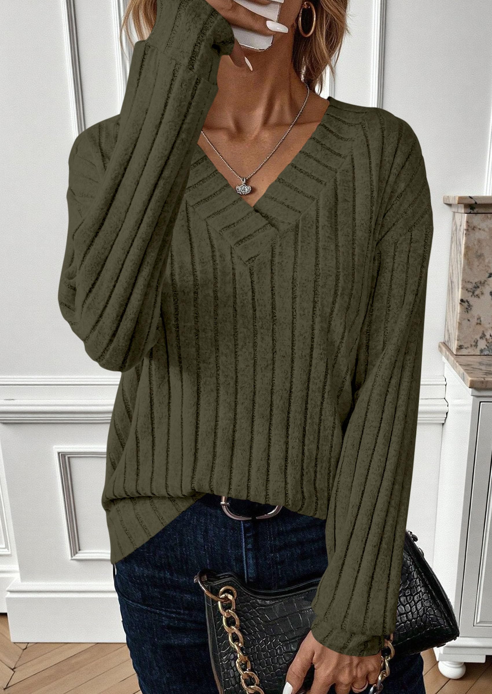 PRETTYGARDEN Fall Fashion Long Sleeve Shirts for Women Ribbed Knit V Neck Dressy Casual Lightweight Sweaters Tunic Tops