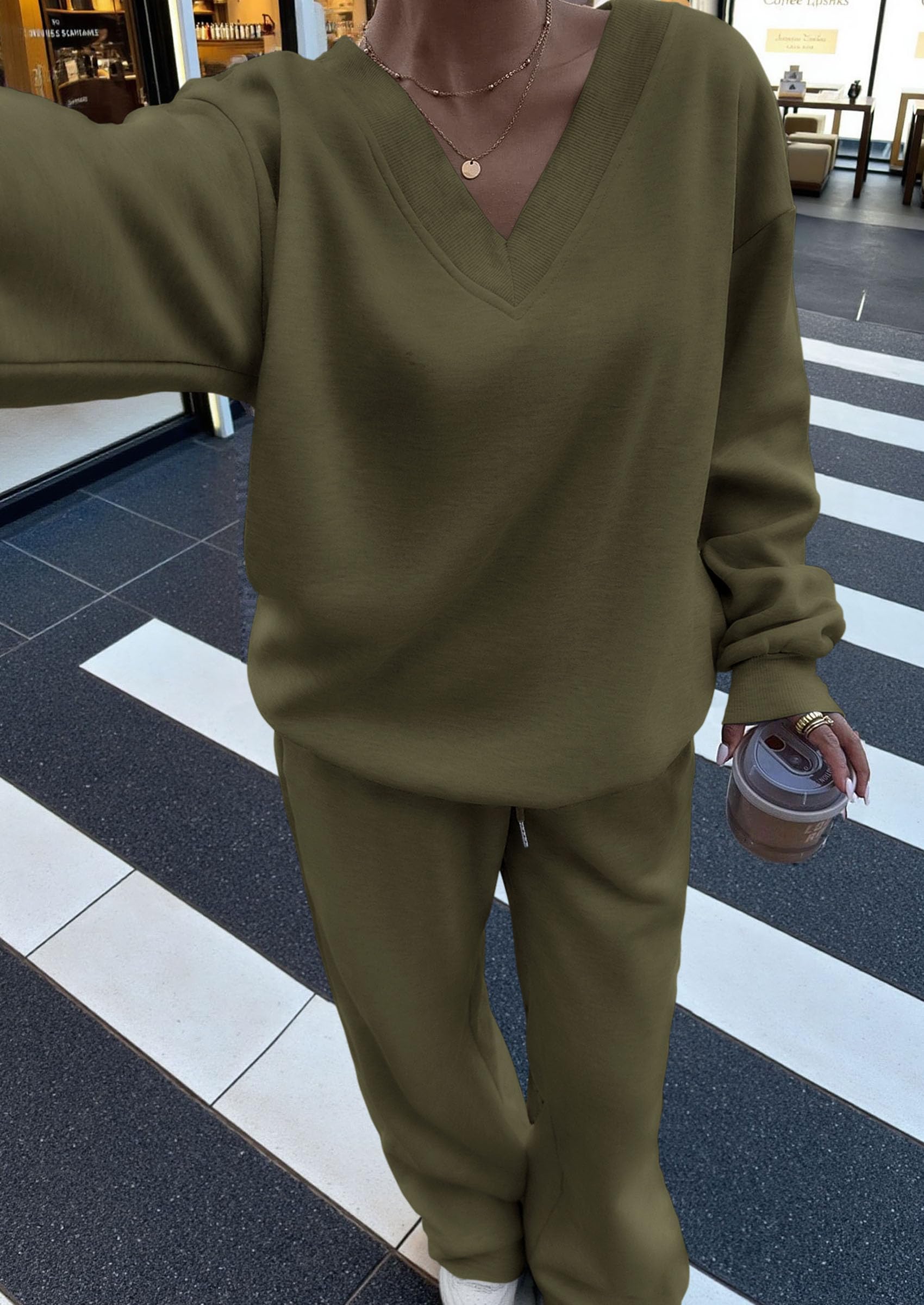 PRETTYGARDEN Casual Winter Two Piece Sets for Women V Neck Sweatshirt Loose Wide Leg Pants Tracksuit Knit Fall Outfits