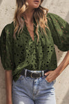 PRETTYGARDEN Women's Summer Short Sleeve Tops 2025 Dressy Casual Buttons V Neck Hollow Out Lace Embroidered Blouses Shirts
