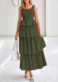 PRETTYGARDEN Womens Summer Sleeveless Midi Dress Scoop Neck A Line Smocked Ruffle Tiered Layered Beach Vacation Dresses