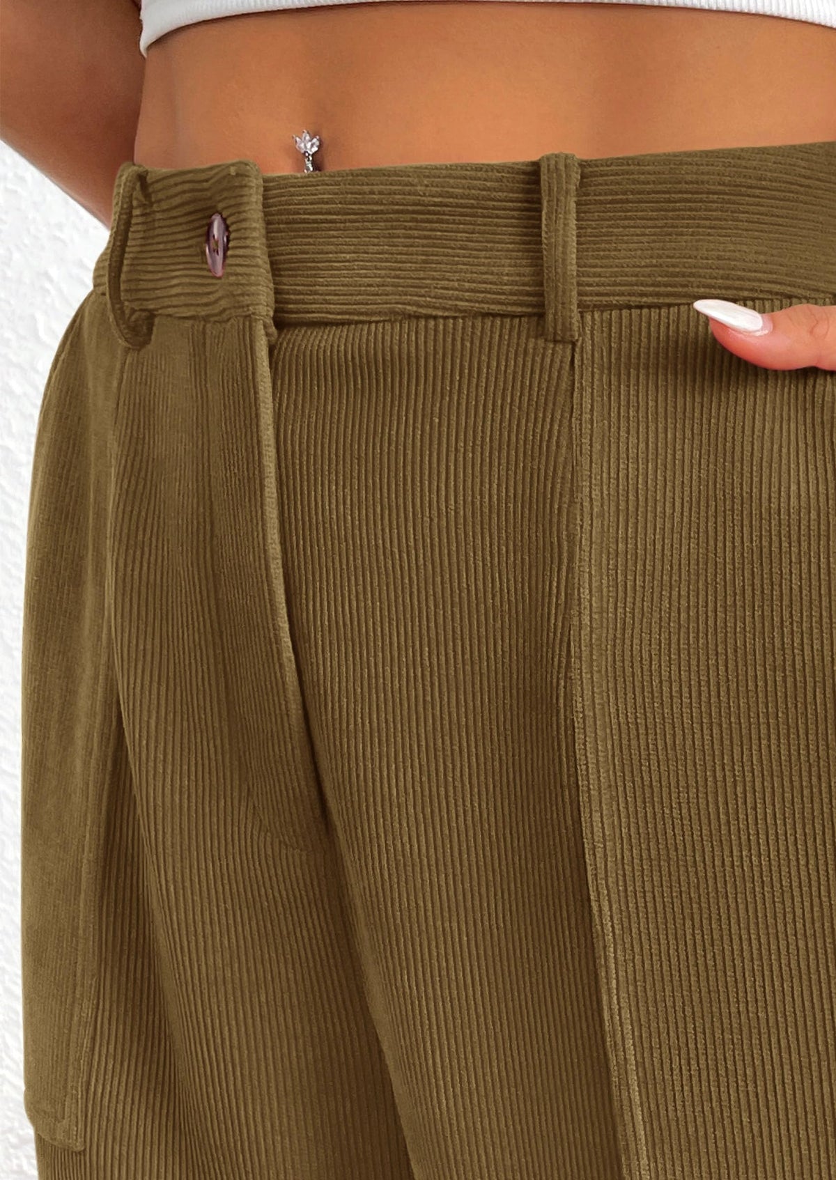 Elastic High Waisted Work Office Corduroy Casual Pants with Pockets