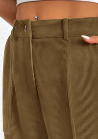 Elastic High Waisted Work Office Corduroy Casual Pants with Pockets