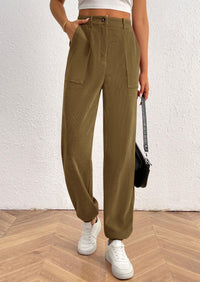 Elastic High Waisted Work Office Corduroy Casual Pants with Pockets