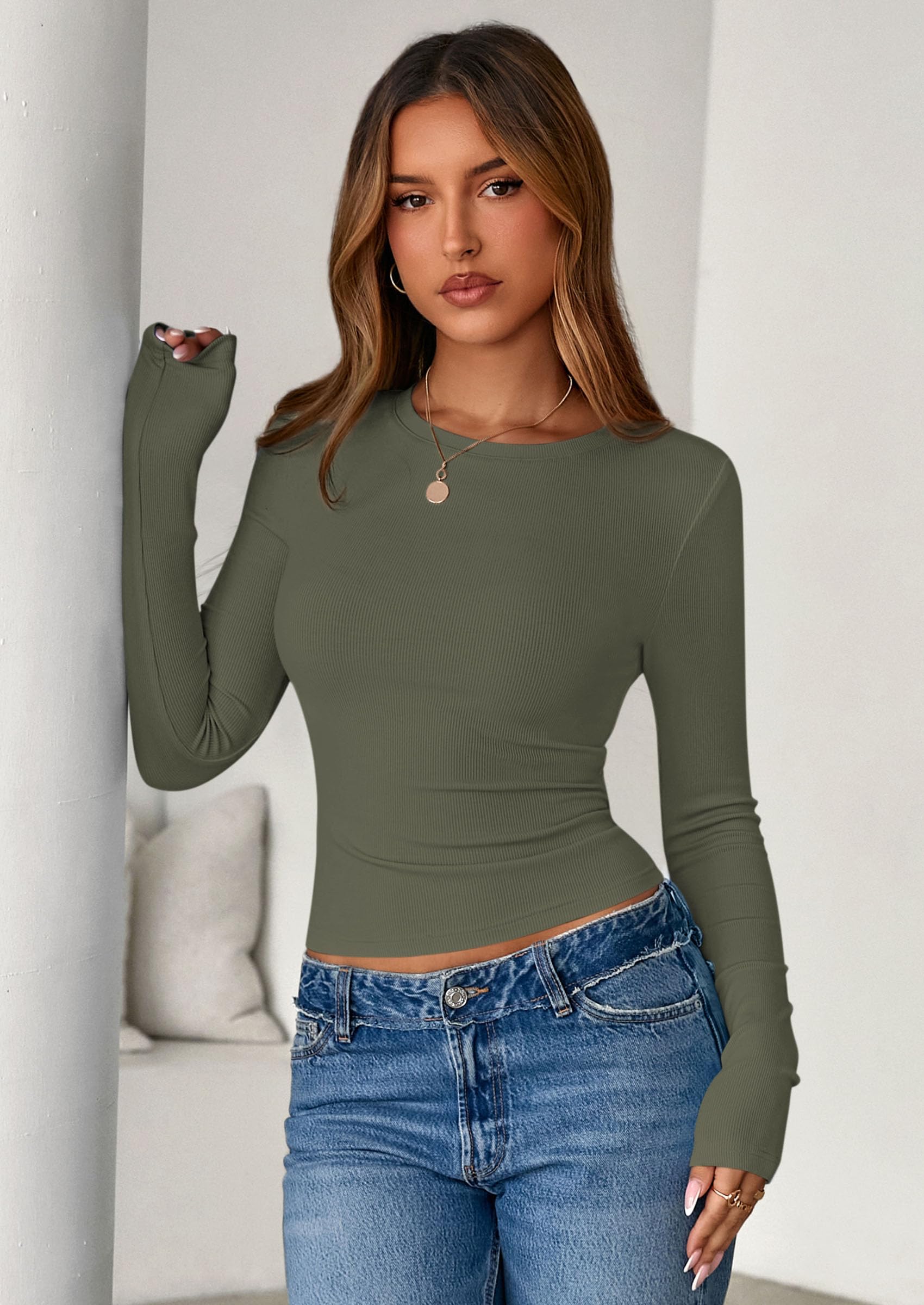 PRETTYGARDEN Womens Summer Fall Long Sleeve Shirts Ribbed Knit Fitted Basic Tee Going Out Tops Underscrub Casual Outfits