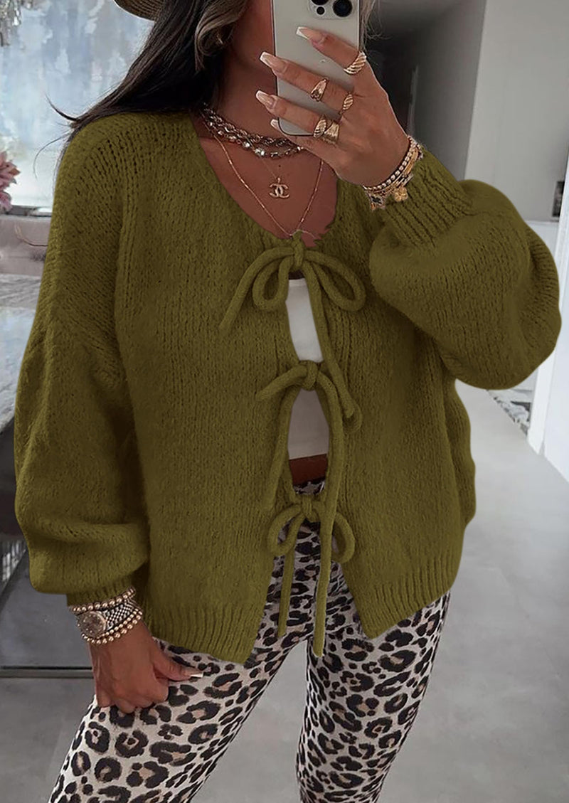 PRETTYGARDEN Women's Tie Front Bow Cardigan Sweaters Chunky Knit Long Puff Sleeve Trendy Fall Winter Jacket Coats