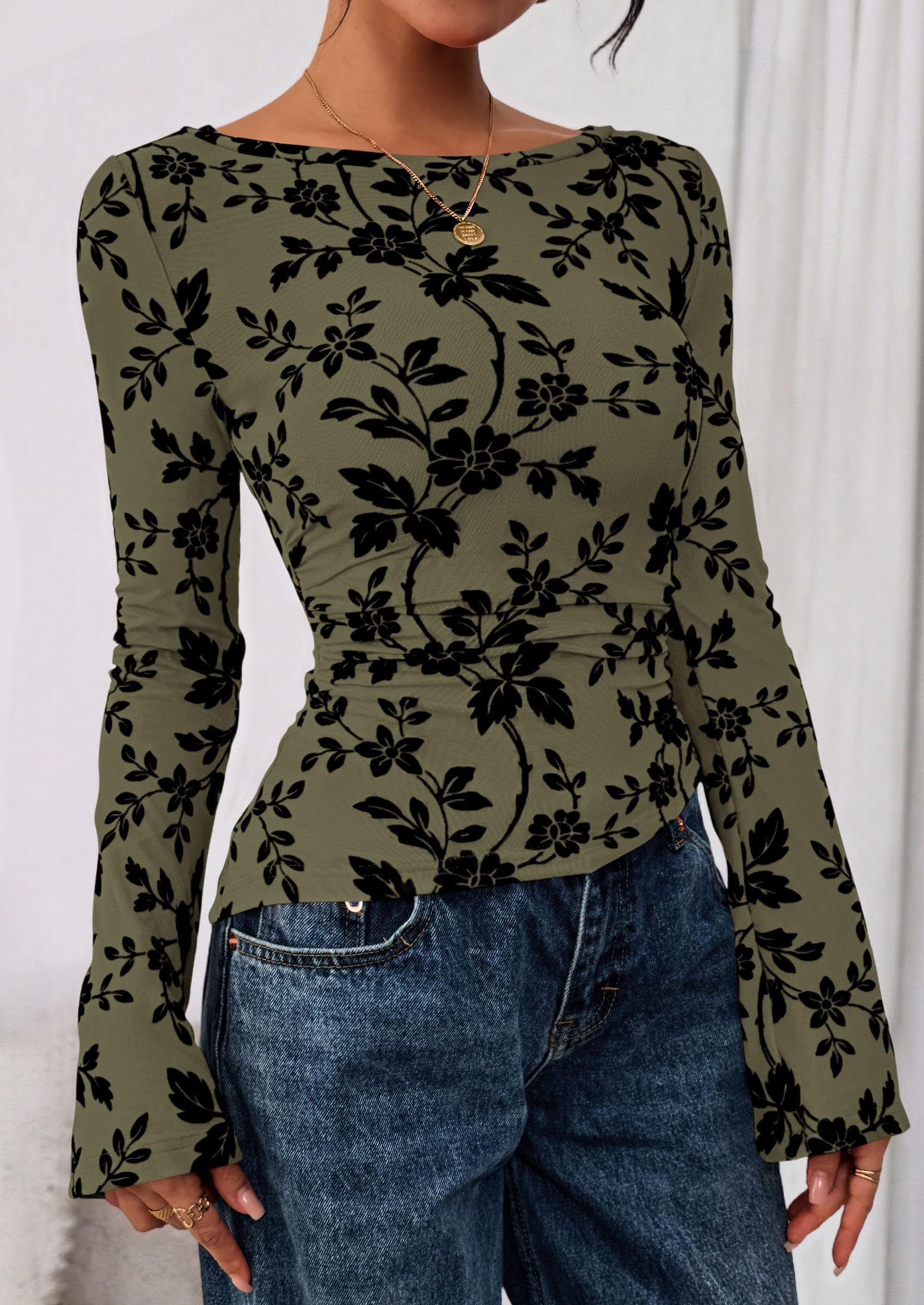 PRETTYGARDEN Women Long Sleeve Floral Mesh Tops Blouse  Fall Trendy Boat Neck Ruched Fitted Shirt Going Out Date Outfits