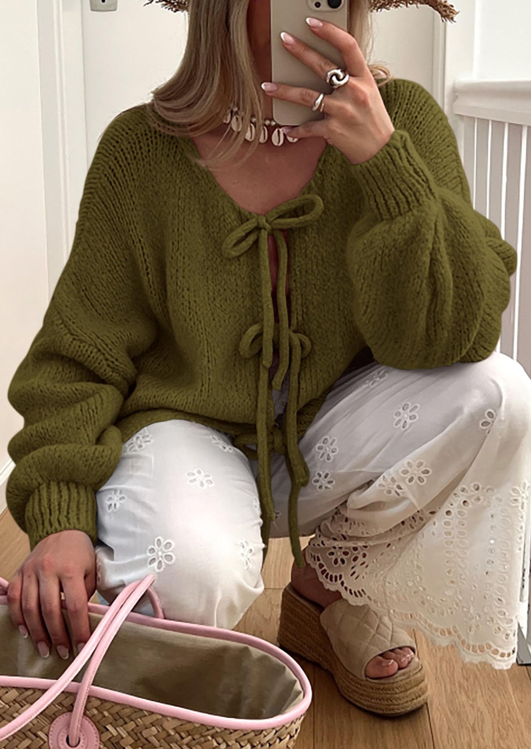 PRETTYGARDEN Women's Tie Front Bow Cardigan Sweaters Chunky Knit Long Puff Sleeve Trendy Fall Winter Jacket Coats