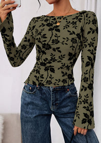 PRETTYGARDEN Women Long Sleeve Floral Mesh Tops Blouse  Fall Trendy Boat Neck Ruched Fitted Shirt Going Out Date Outfits