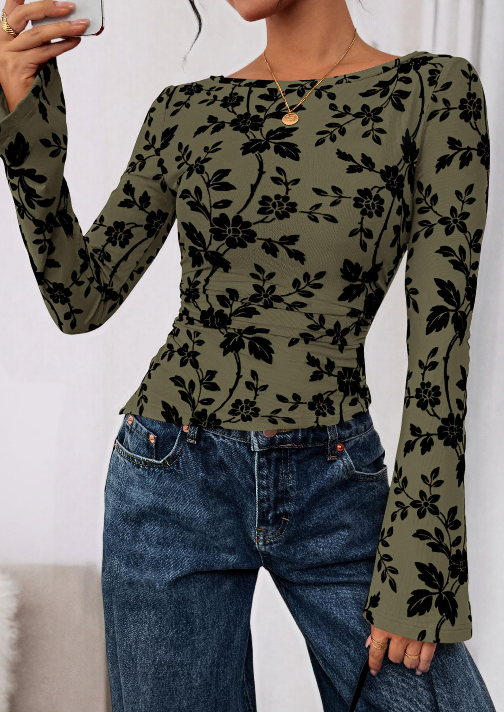 PRETTYGARDEN Women Long Sleeve Floral Mesh Tops Blouse  Fall Trendy Boat Neck Ruched Fitted Shirt Going Out Date Outfits