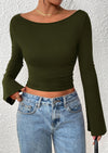 PRETTYGARDEN Women's Long Sleeve Shirts Fall Going Out Tops Casual Boat Neck Bell Sleeve Ribbed Ruched Y2K Clothes