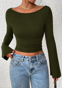 PRETTYGARDEN Women's Long Sleeve Shirts Fall Going Out Tops Casual Boat Neck Bell Sleeve Ribbed Ruched Y2K Clothes