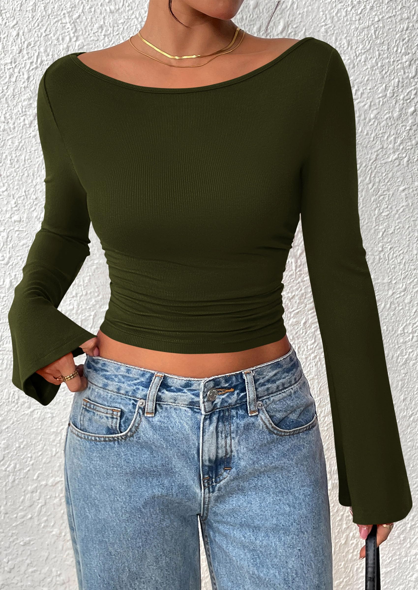 PRETTYGARDEN Women's Long Sleeve Shirts Fall Going Out Tops Casual Boat Neck Bell Sleeve Ribbed Ruched Y2K Clothes
