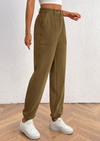 Elastic High Waisted Work Office Corduroy Casual Pants with Pockets