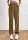 Elastic High Waisted Work Office Corduroy Casual Pants with Pockets