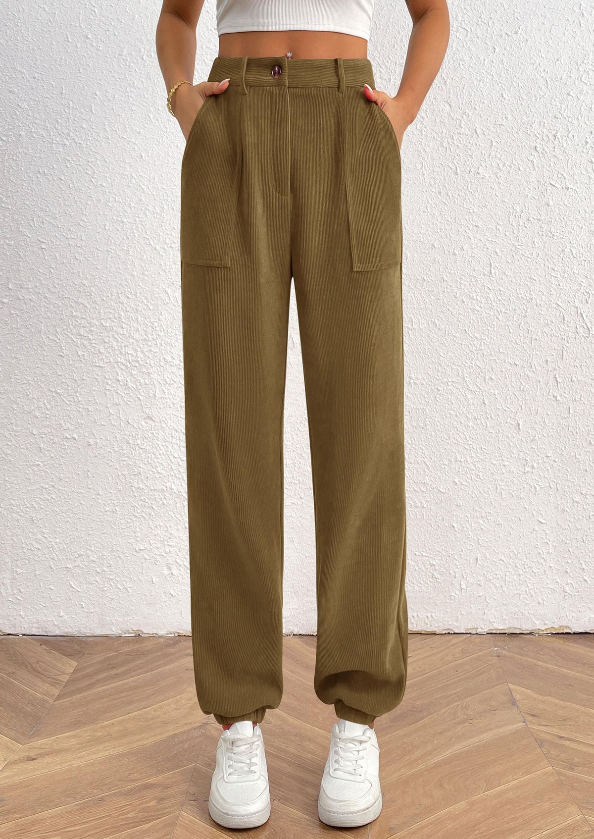 Elastic High Waisted Work Office Corduroy Casual Pants with Pockets