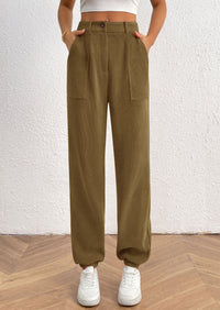 Elastic High Waisted Work Office Corduroy Casual Pants with Pockets
