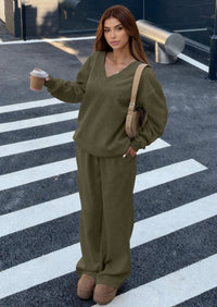 PRETTYGARDEN Casual Winter Two Piece Sets for Women V Neck Sweatshirt Loose Wide Leg Pants Tracksuit Knit Fall Outfits PRETTYGARDEN