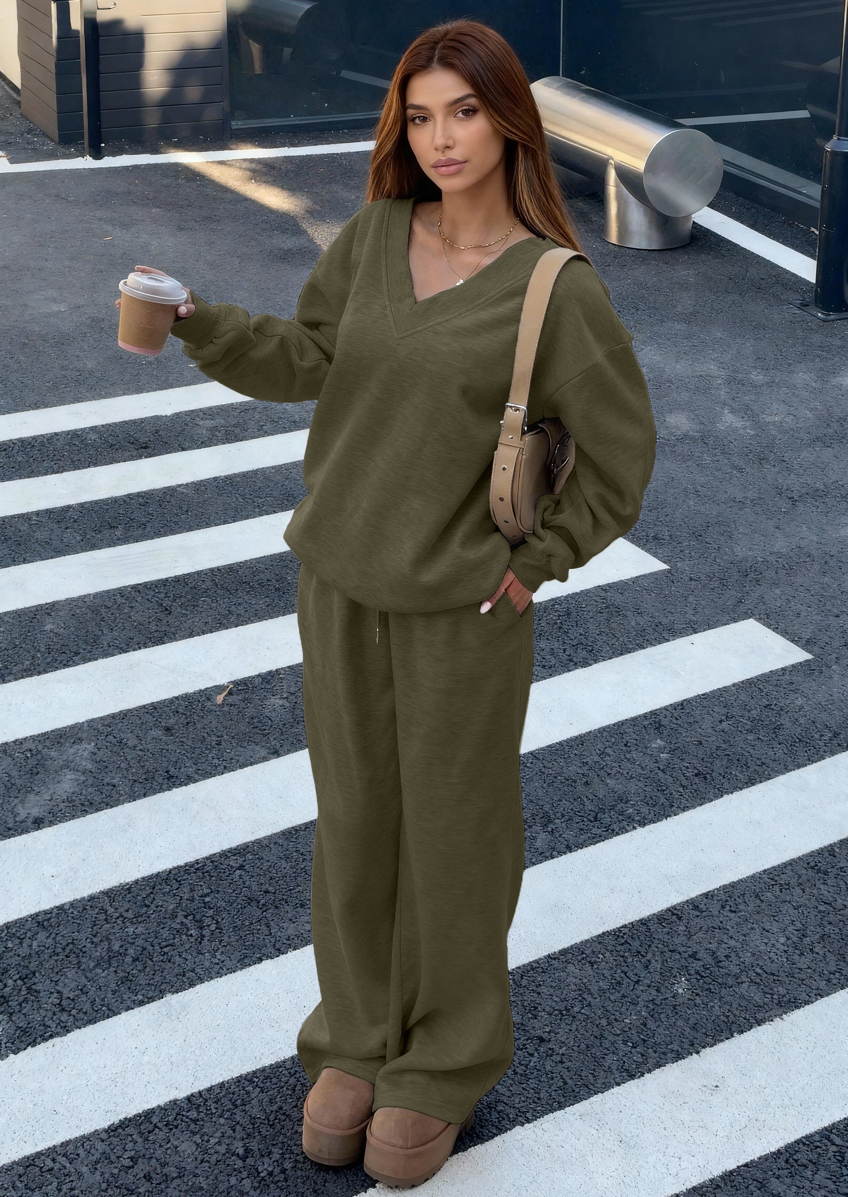 PRETTYGARDEN Casual Winter Two Piece Sets for Women V Neck Sweatshirt Loose Wide Leg Pants Tracksuit Knit Fall Outfits PRETTYGARDEN