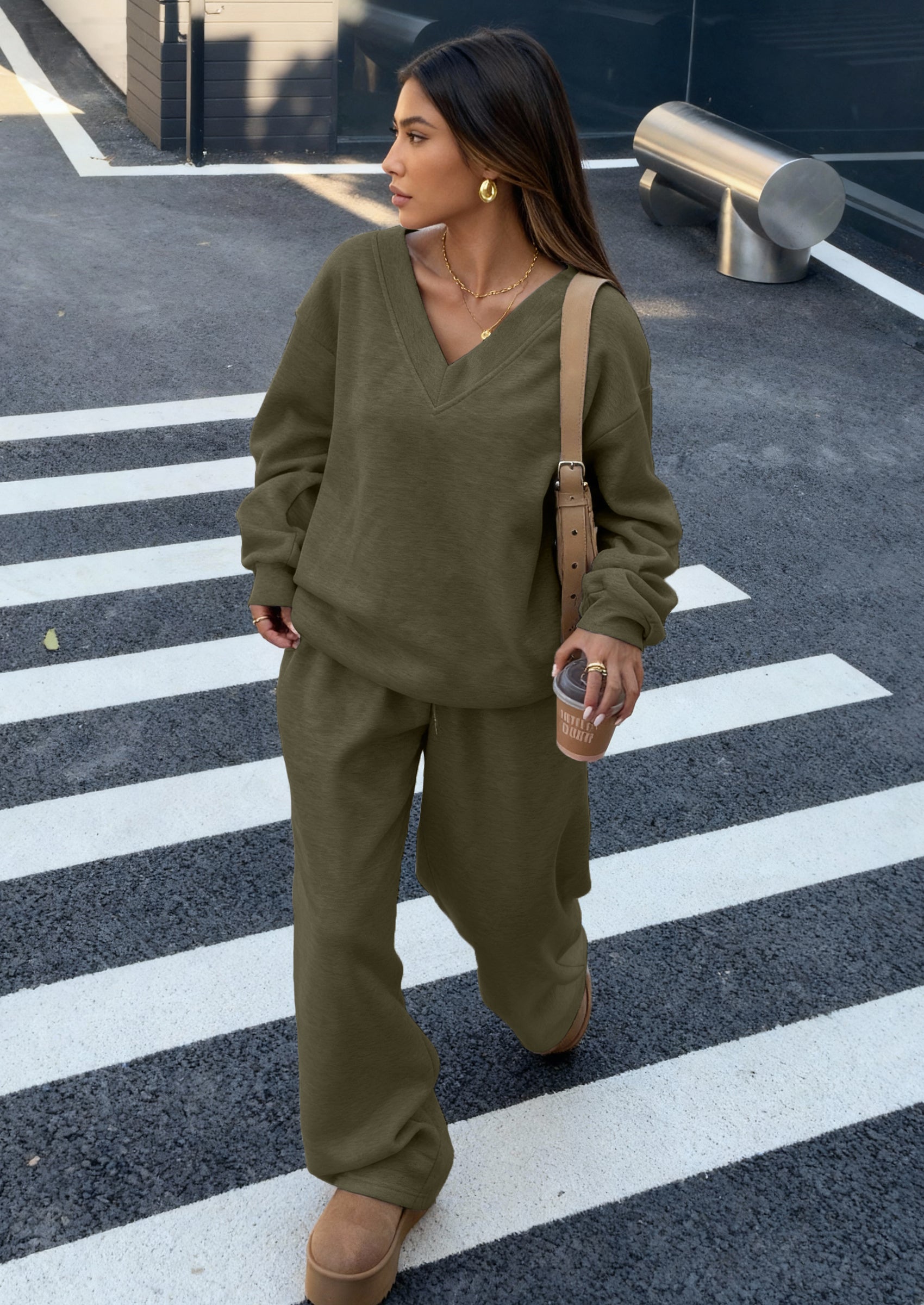 PRETTYGARDEN Casual Winter Two Piece Sets for Women V Neck Sweatshirt Loose Wide Leg Pants Tracksuit Knit Fall Outfits PRETTYGARDEN