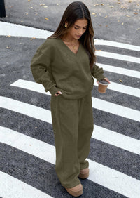 PRETTYGARDEN Casual Winter Two Piece Sets for Women V Neck Sweatshirt Loose Wide Leg Pants Tracksuit Knit Fall Outfits PRETTYGARDEN