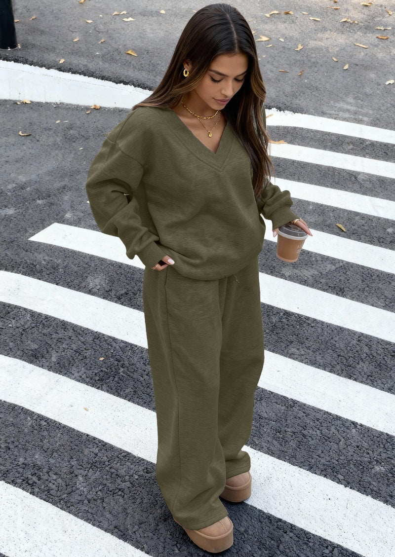 PRETTYGARDEN Casual Winter Two Piece Sets for Women V Neck Sweatshirt Loose Wide Leg Pants Tracksuit Knit Fall Outfits PRETTYGARDEN