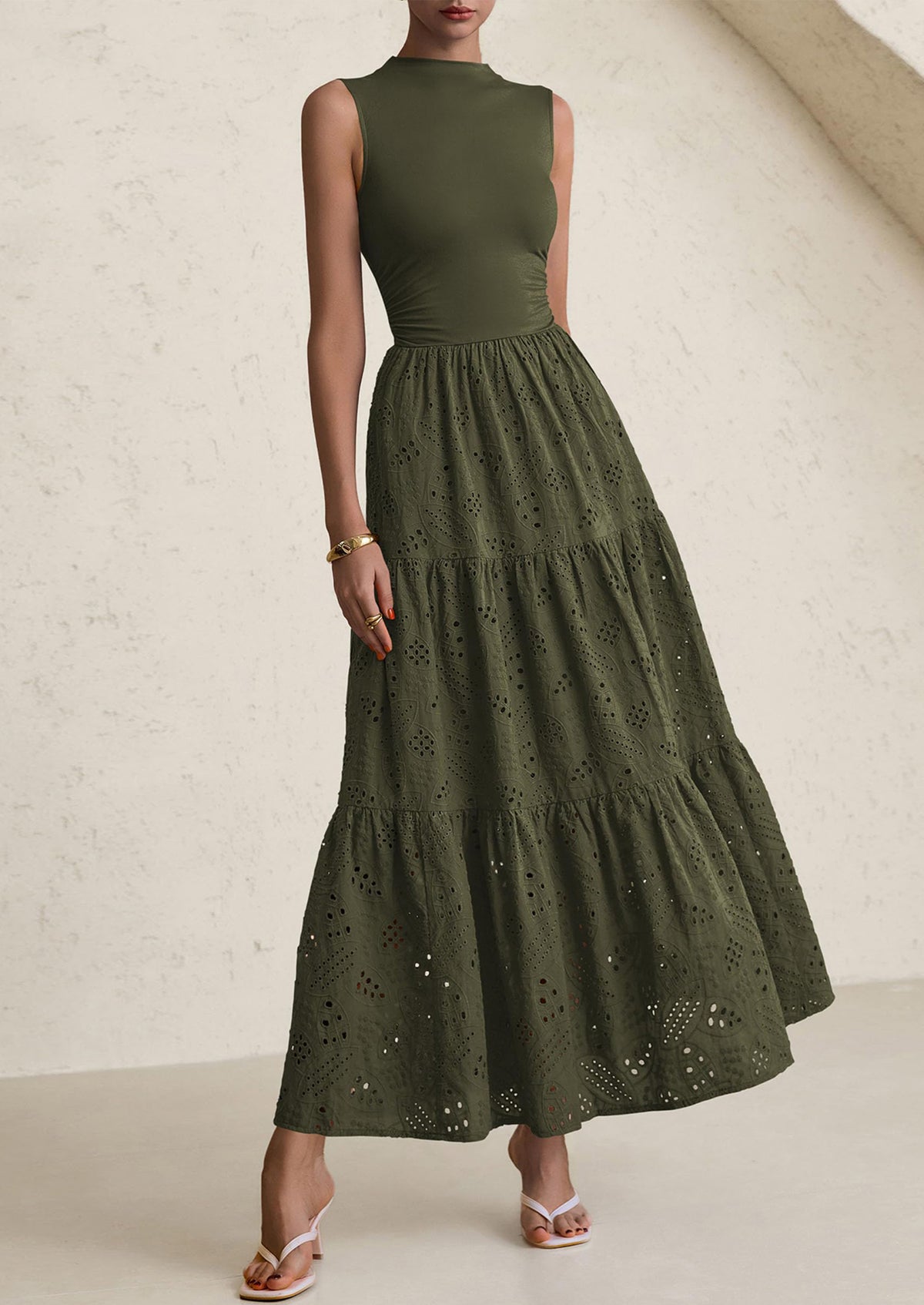 Casual Eyelet Sleeveless Maxi Dress with Pockets