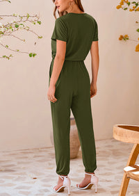 Deep V Neck Wrap Drawstring Waist Jumpsuits