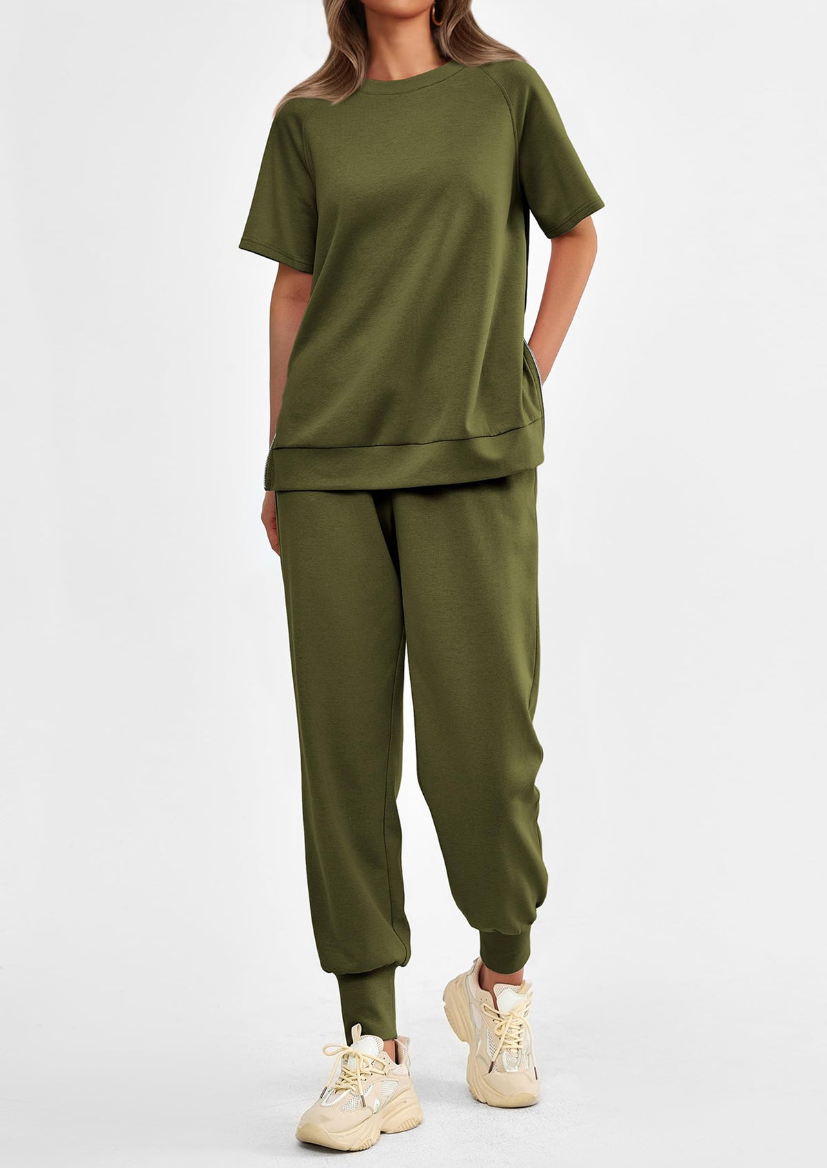 Casual Short Sleeve Tops High Waisted Sweatpants Two Piece Sets