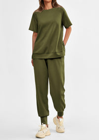 Casual Short Sleeve Tops High Waisted Sweatpants Two Piece Sets